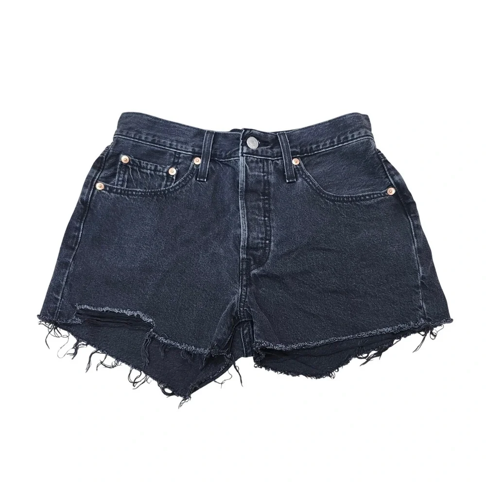 Levi's 501 Shorts High‎ Rise Faded Black Denim Cut-Off Casual 27